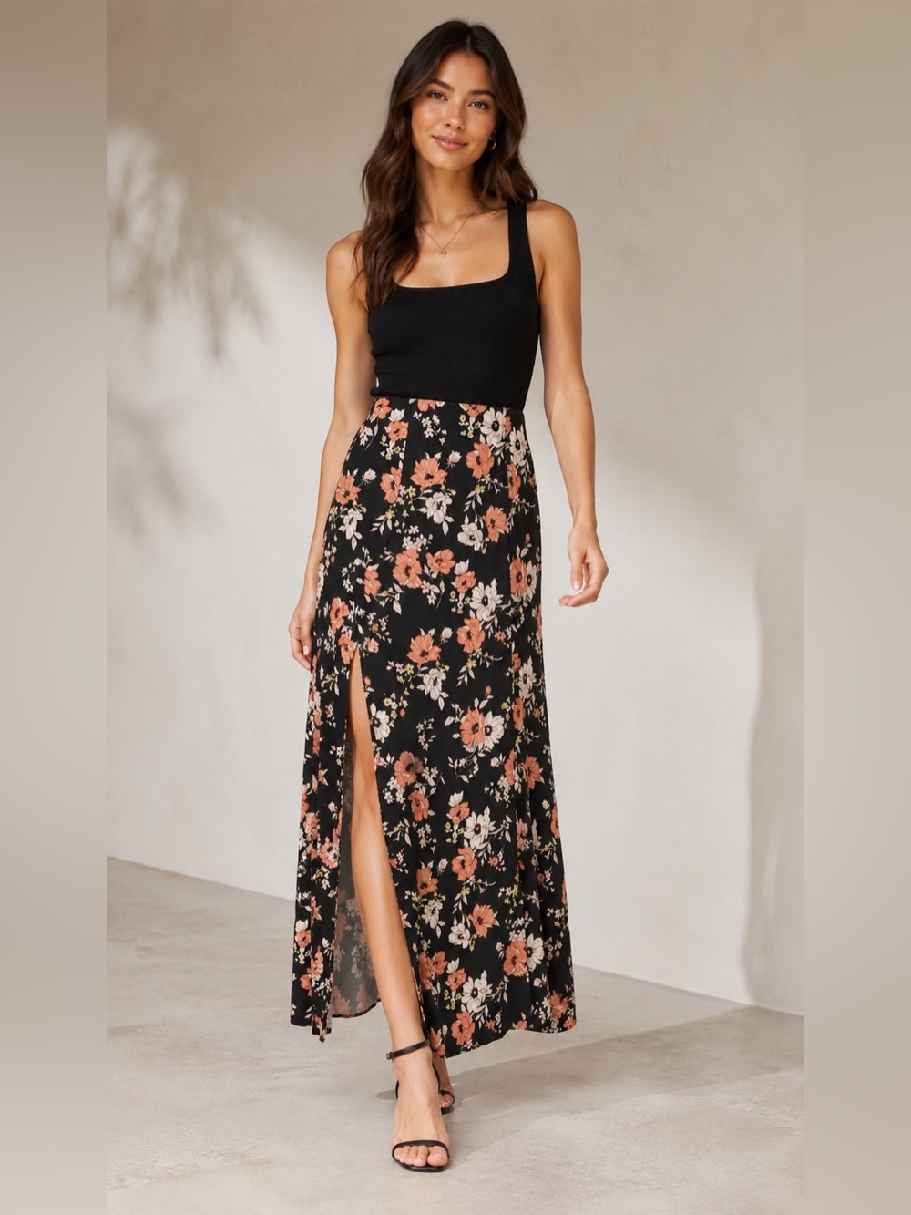 Forever 21 Black and Peach Floral Maxi Skirt with Leg Slit, Women’s Medium - Picture 10 of 10